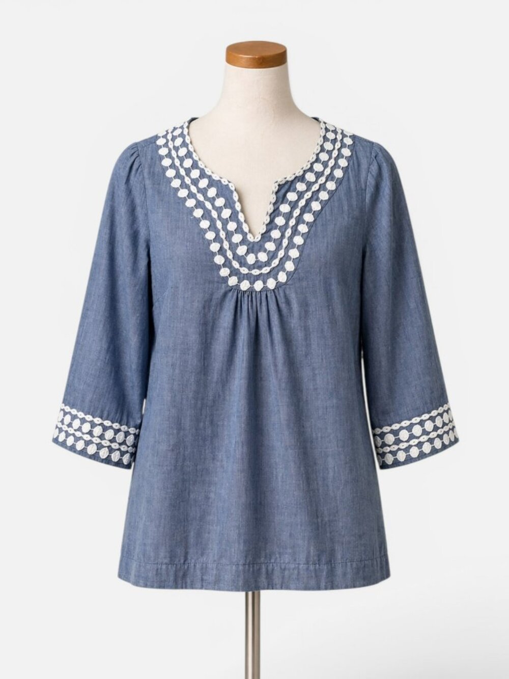 Boden Chambray Embroidered Tunic Top Blue Cotton Boho Peasant 3/4 Sleeve Sz 4
